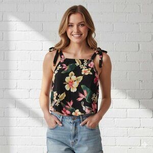 Forever 21 Floral Print Top Blouse Tie Shoulder Strap Cropped Black Size Medium